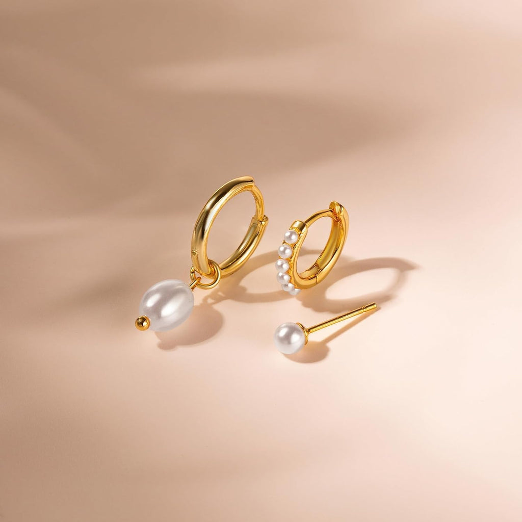 3 Pairs Small Hoop Earring Stacks, 14K Gold/Silver/Black/Rose Gold Plated Pearl Heart Butterfly Bow Star Moon Leaf Diamond Hoop Charm Drop Huggie Earrings Trendy Jewelry Gift for Women