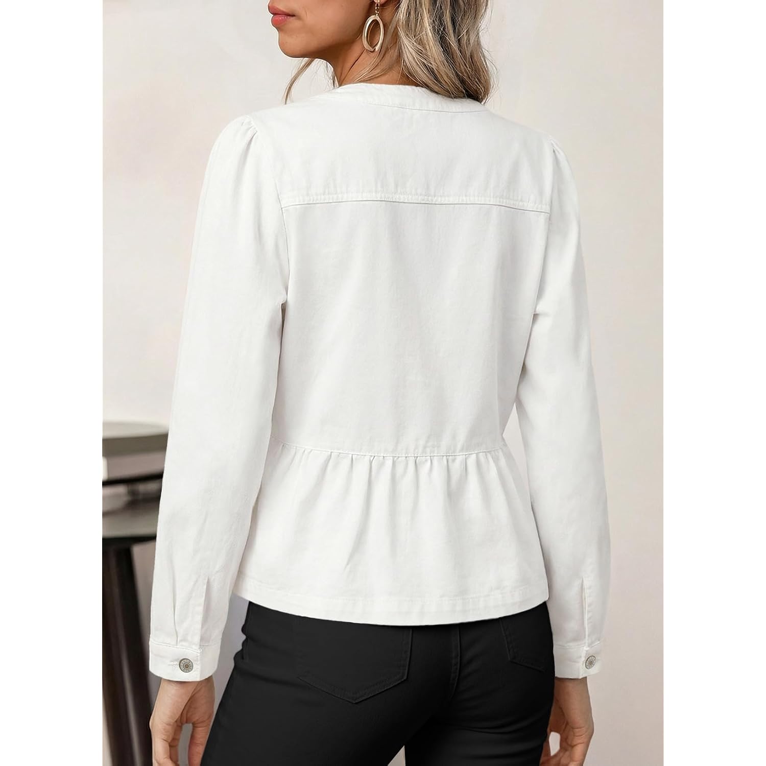 Dokotoo Cropped Jean Jacket Women Button Down Long Sleeve Collarless Cinched Waist Denim Jackets