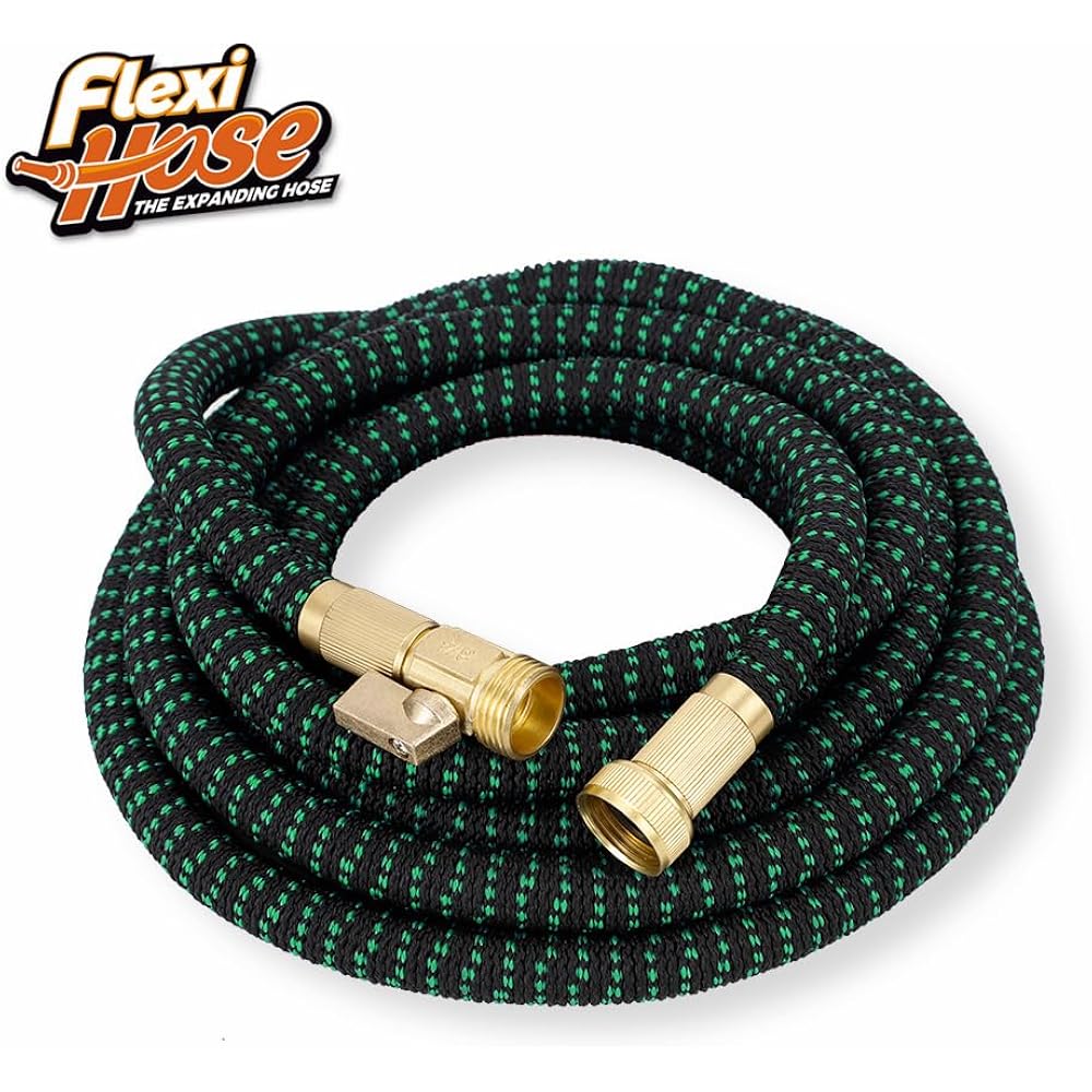 Flexi Hose With 8 Function Nozzle, 50Ft - Lightweight Expandable Garden Hose, No-Kink Flexibility, 3/4 Inch Solid Brass Fittings And Double Latex Core - Black And Green