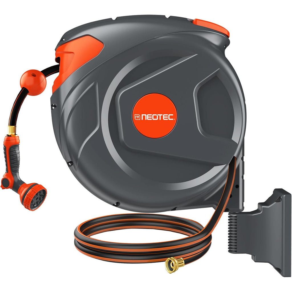100Ft Retractable Garden Hose Reel 1/2 Inch, Wall Mounted Heavy Duty Water Hose With Auto-Lock, Slow Return, 180° Swivel Bracket & 9-Pattern Spray Nozzle, Uv Resistant Outdoor Hose Storage System