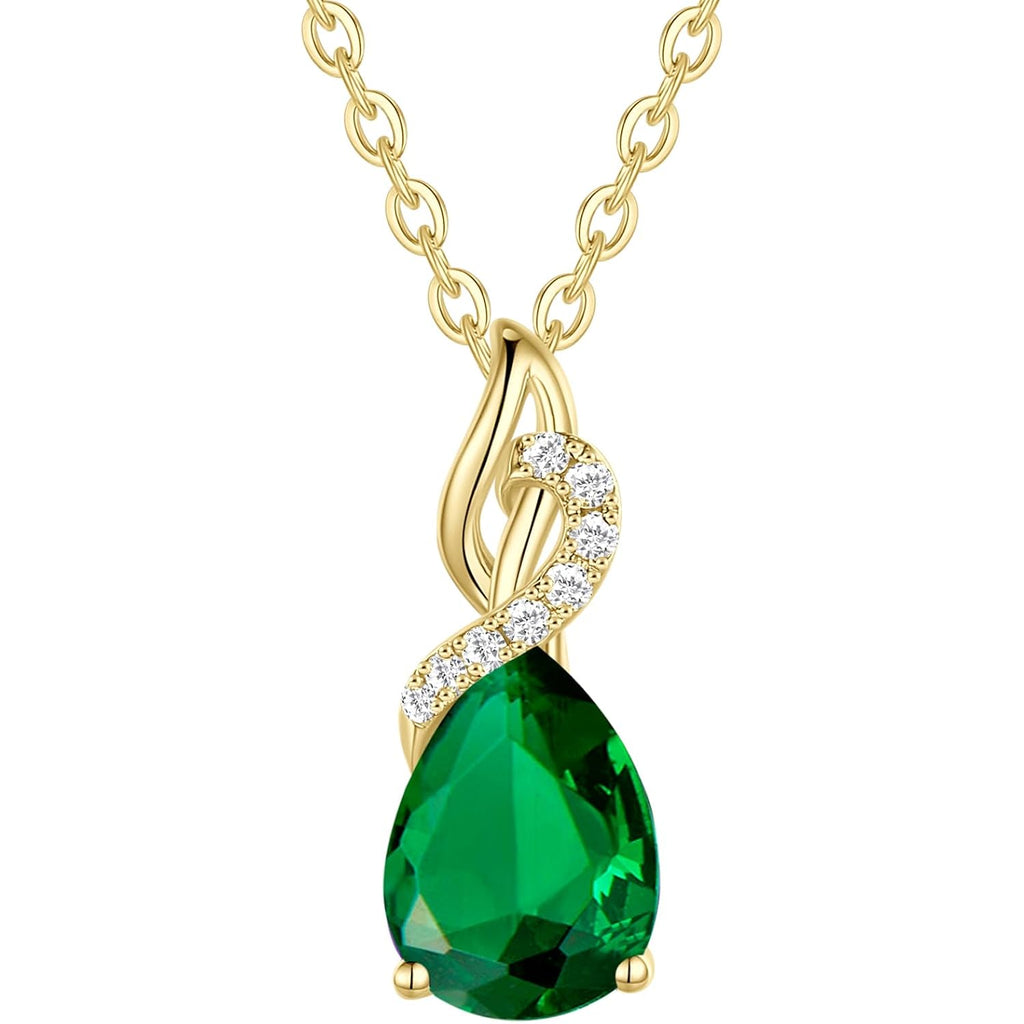 FANCIME 14K Solid Yellow Gold Teardrop Pendant with Diamond Birthstone Necklace Birthday Gifts for Mom Women, Sterling Silver Chain 16" + 2" Extender