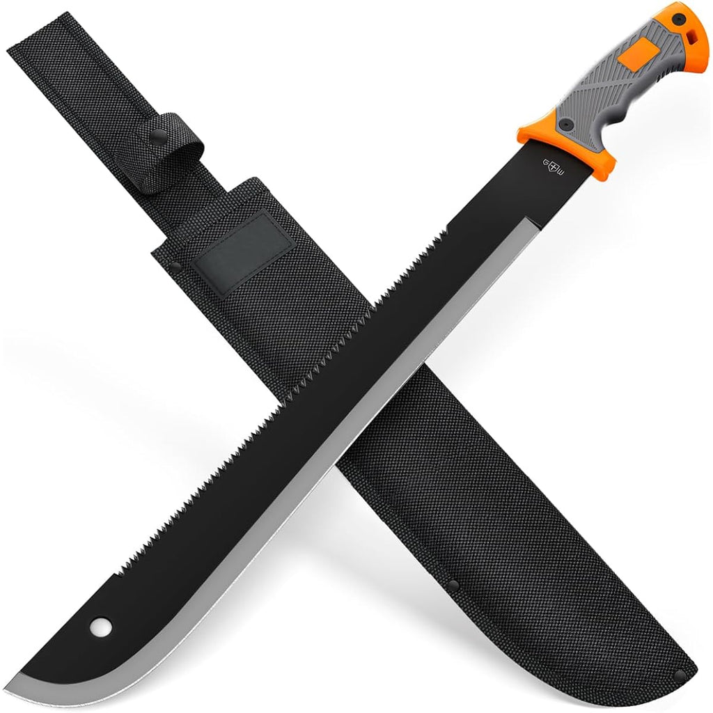 Machete With Saw 25" / 19" Heavy Duty Tool & Sheath - Ergonomic No-Slip Handle - Survival Knife With Serrated Blade - Machetes For Bushcraft Hunting Garden Cutting Trees And Yard Work