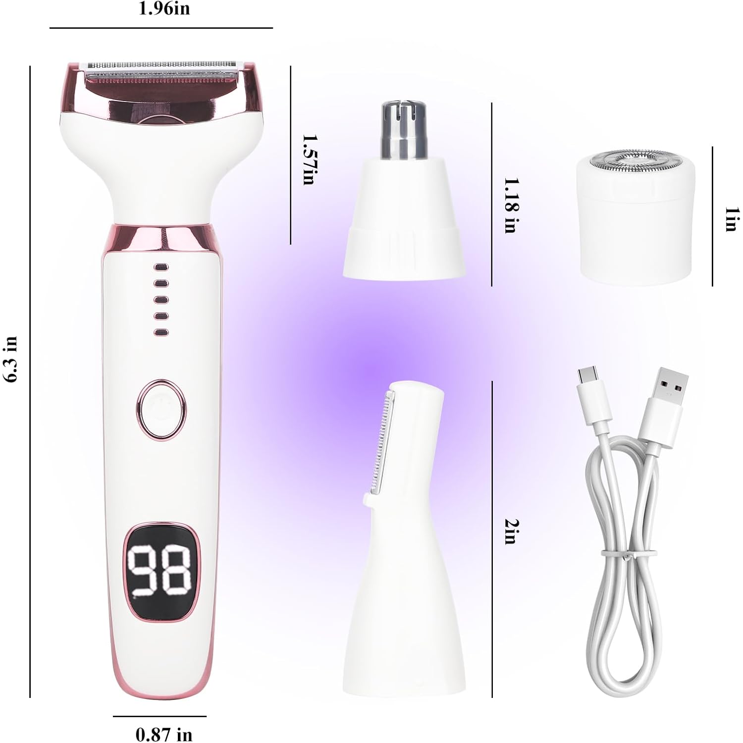 Wet & Dry Electric Razor for Women Men,4 in 1 Rechargeable Led Display Electric Shaver and Facial Hair Remover,Painless Ladies Body Razors for Nose Face Body Leg Bikini Arm Hair (White)