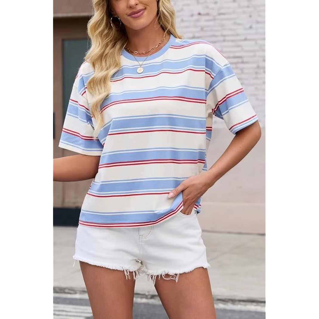 Allimy Women's Vintage Boxy Cropped Tee Short Sleeve Striped T Shirt Loose Fit Tops Casual Summer Blouses Color Block-blue Stripes