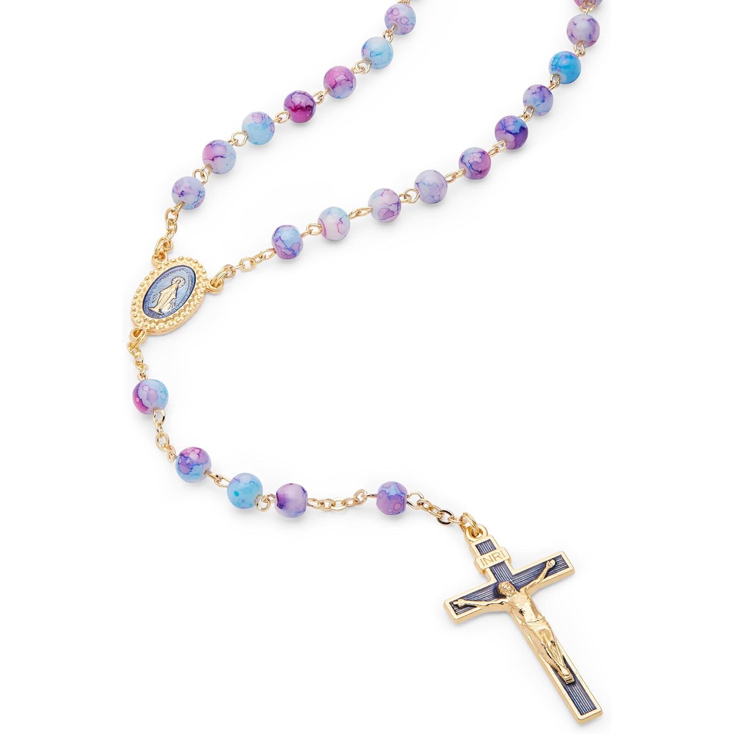 Mondo Cattolico Rosary Beads catholic for Women and Men from Vatican, Miraculous Virgin Rosary with Variegated Glass on a Gold Plated Brass Chain - Perfect Catholic gifts