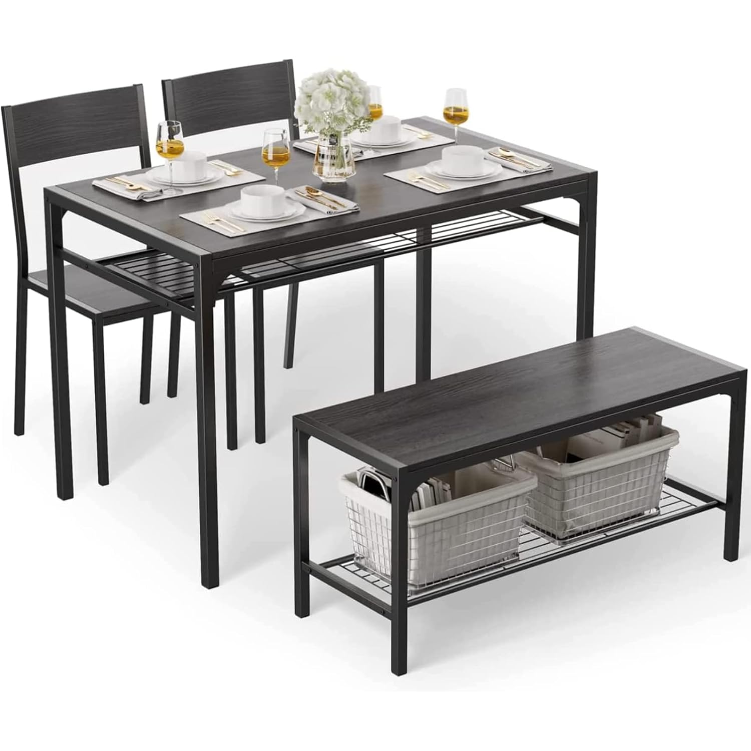 Gizoon Kitchen Table And 2 Chairs For 4 With Bench, 4 Piece Dining Table Set For Small Space, Apartment