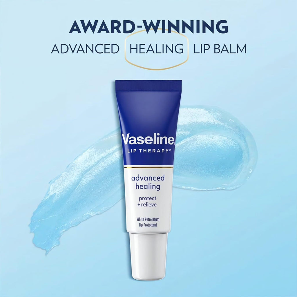 Vaseline Lip Therapy Advanced Healing 3-Pack – White Petroleum Moisturizing Lip Balm For Extremely Dry Lips, 0.35 Oz Ea