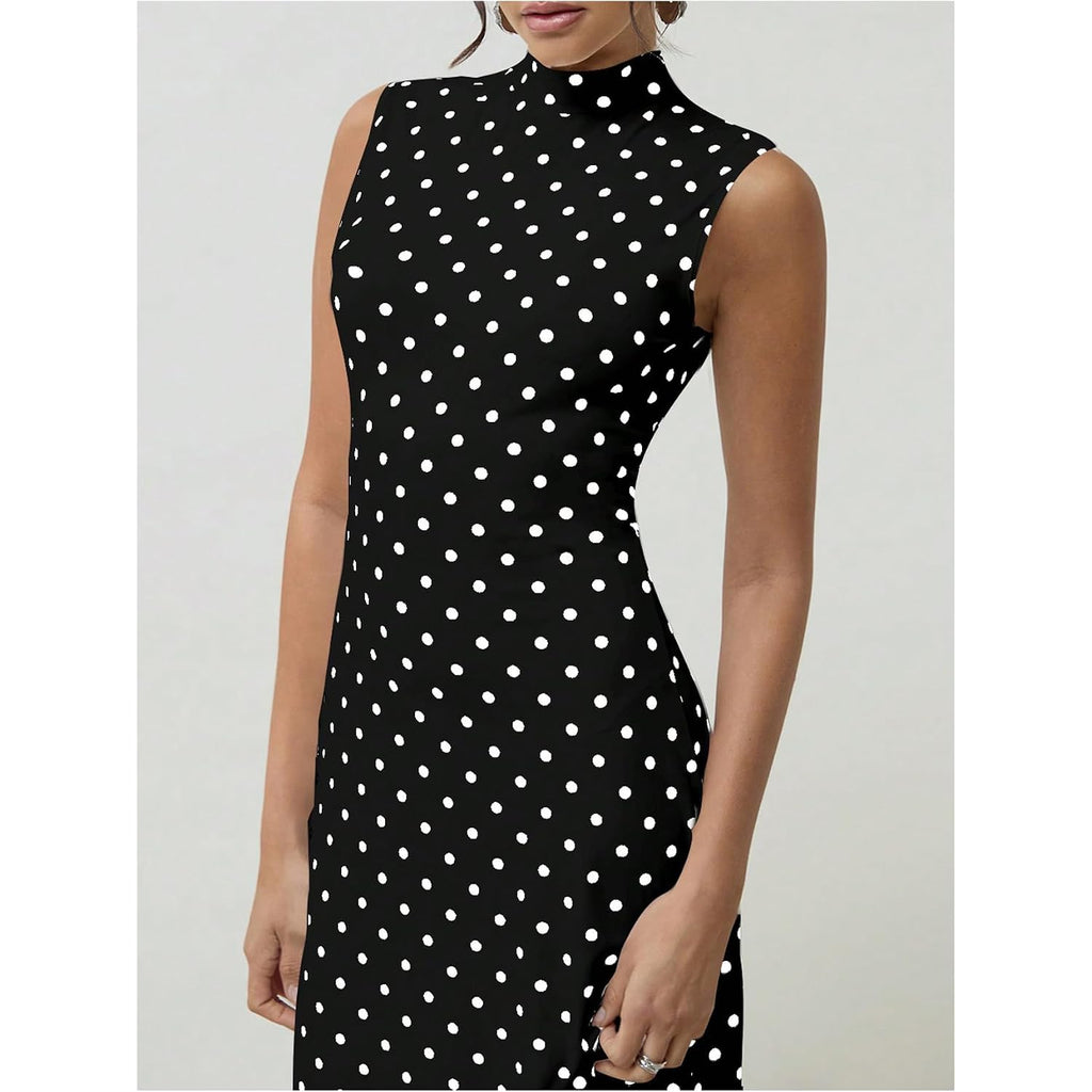 Milumia Women'S Polka Dots Maxi Tank Dress Vintage Mock Neck Sleeveless Elegant Long Dresses