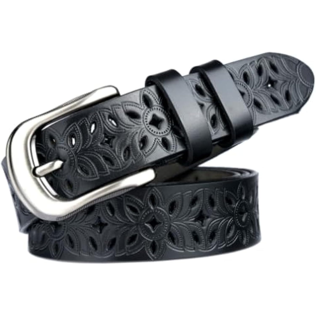 Womens-Hollow Flower Genuine-Leather-Belts - 1.2" Wide Plus Size Soft Leather Belt for Jeans Dresses Pants