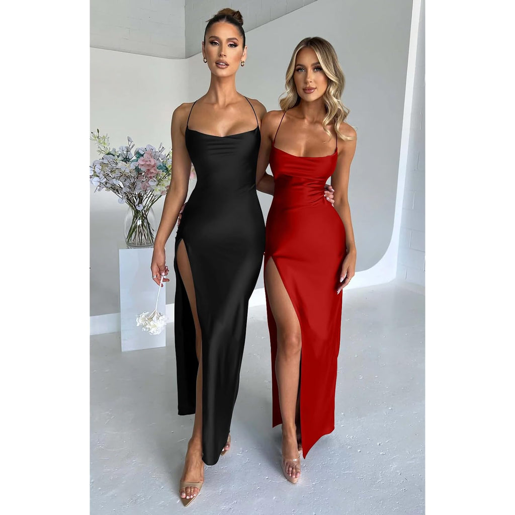 Memoriesea Women'S Sexy Spaghetti Strap Bodycon Cowl Neck Party Cocktail Maxi Dress