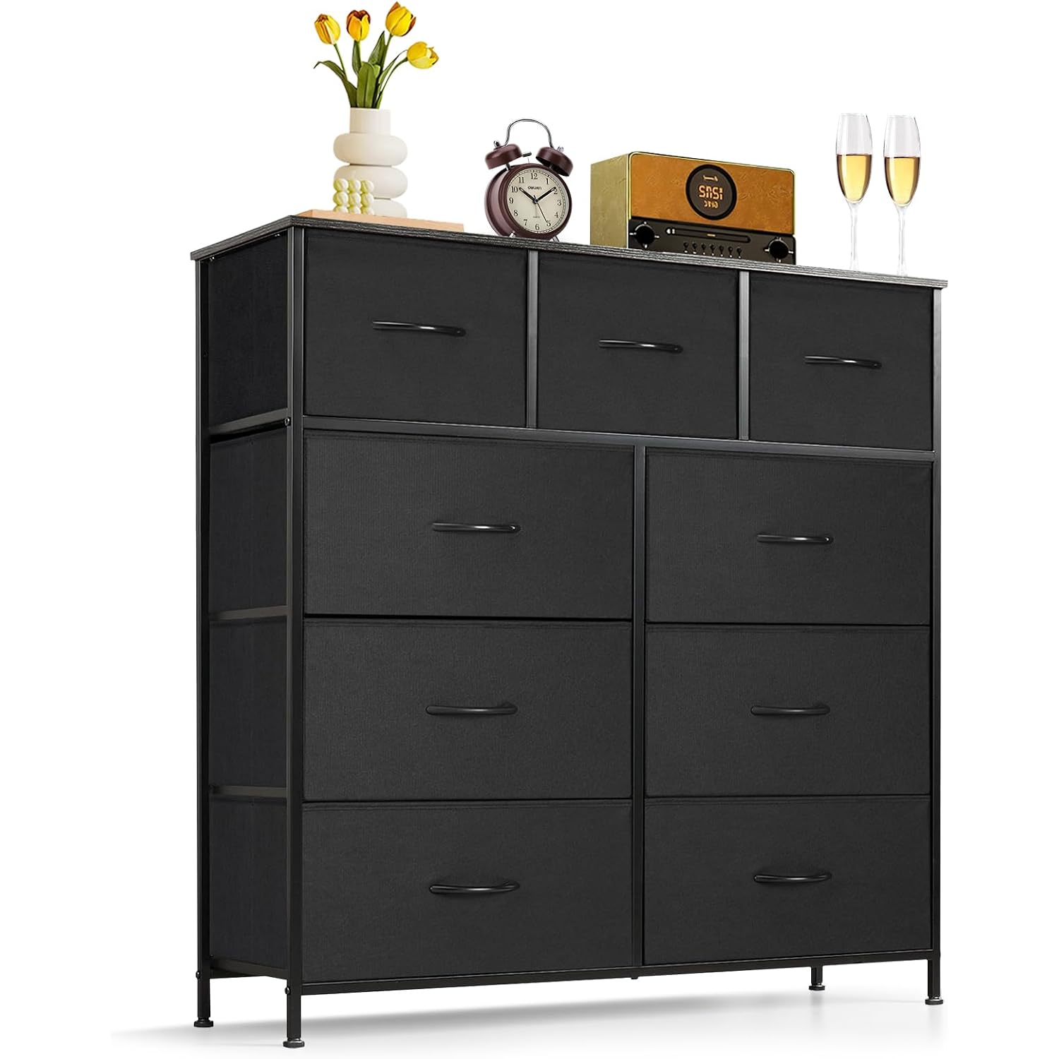 9-Drawer Dresser For Bedroom, Anti-Tip Tall Storage Organizer | Chest Of Drawers With Wooden Top And Metal Frame Fabric Bins For Closet, Living Room, Hallway, Entryway, Black