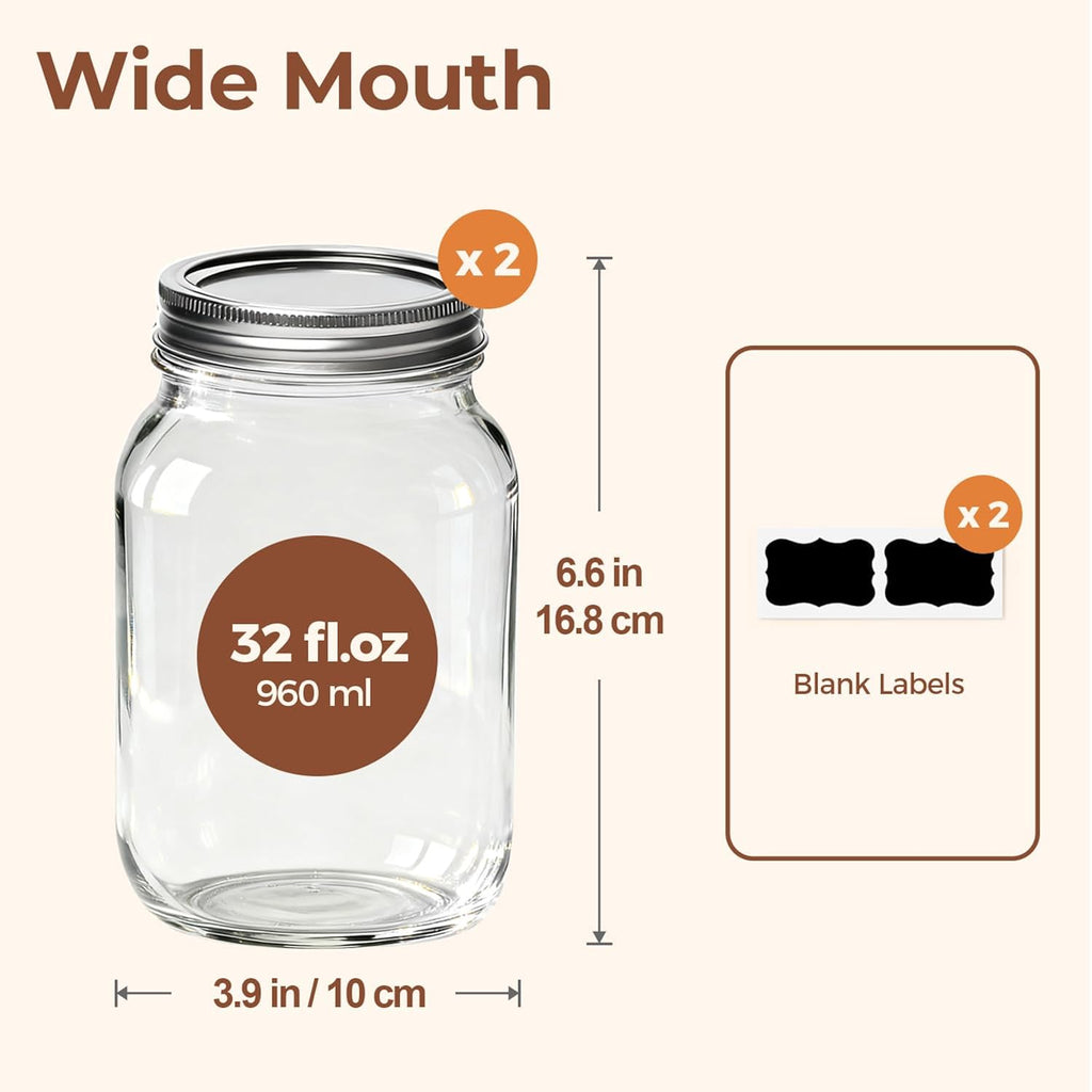 ComSaf Wide Mouth Mason Jars 32 oz with Lids 2 Pcs, Quart Mason Jars with Seal Band, Large Glass Jars, Large Canning Containers for Pickles, Jams, Sauces, Salsa, Sourdough, Salad, Suntea, Food Storage
