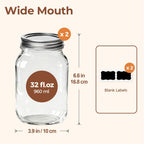 ComSaf Wide Mouth Mason Jars 32 oz with Lids 2 Pcs, Quart Mason Jars with Seal Band, Large Glass Jars, Large Canning Containers for Pickles, Jams, Sauces, Salsa, Sourdough, Salad, Suntea, Food Storage