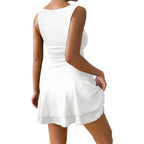 Iwd Women'S Square Neck Sleeveless Mini Dress Ruched Waist Tiered Ruffle Hem A Line Short Dresses