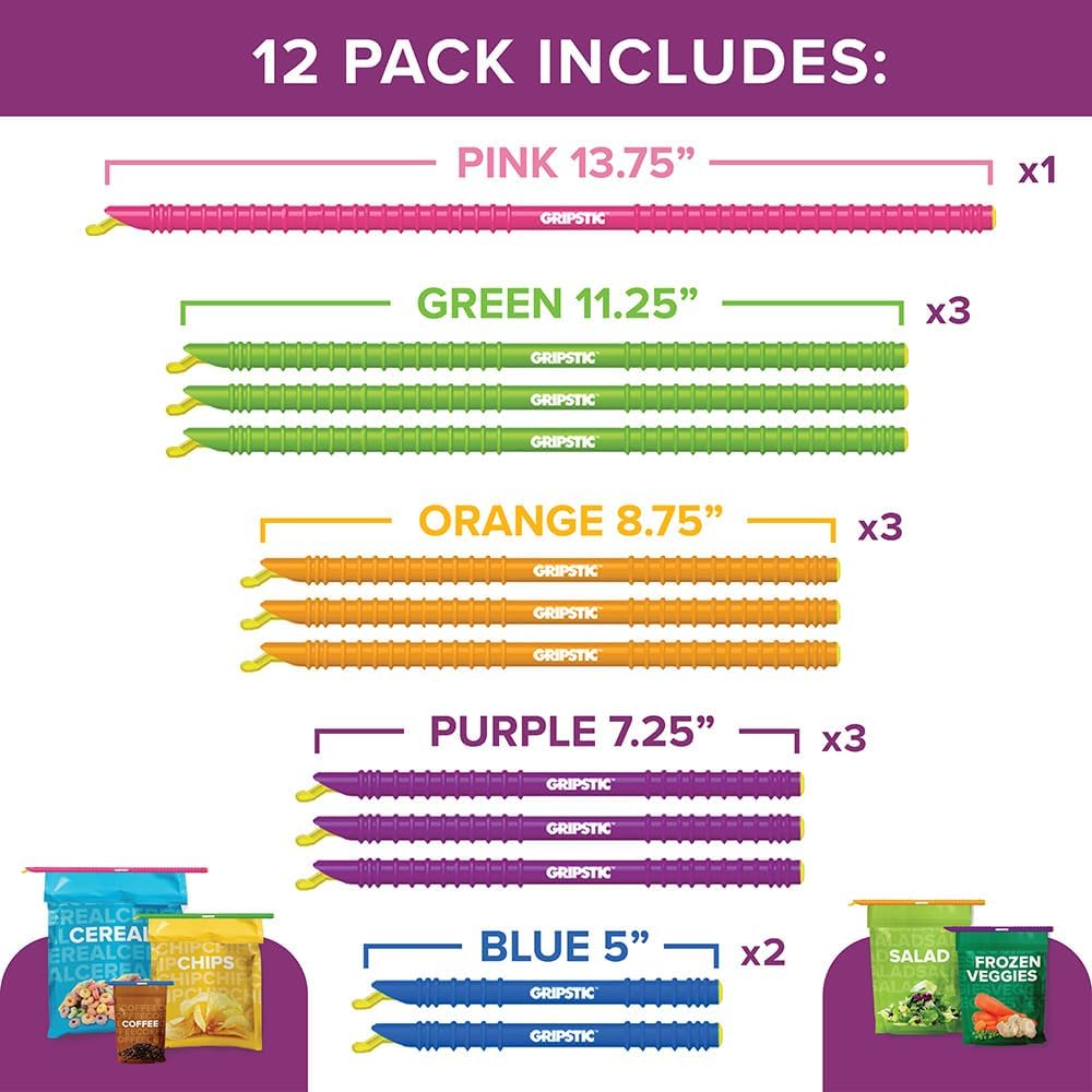 Gripstic 12 Pack Assorted Food Bag Sealers Reusable Chip Clips Bag Clips | Seal Bags Airtight To Keep Food Fresh