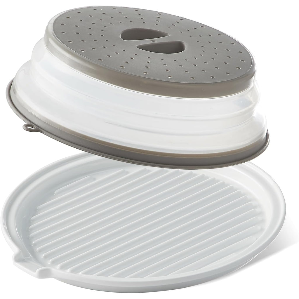 ONEMORE Microwave Bacon Tray with Lid Ceramic Bacon Cooker Meat Rack for Oven Cooking Crispy Bacon Maker with Cover - 11 inch Round Bacon Dish Plate, White