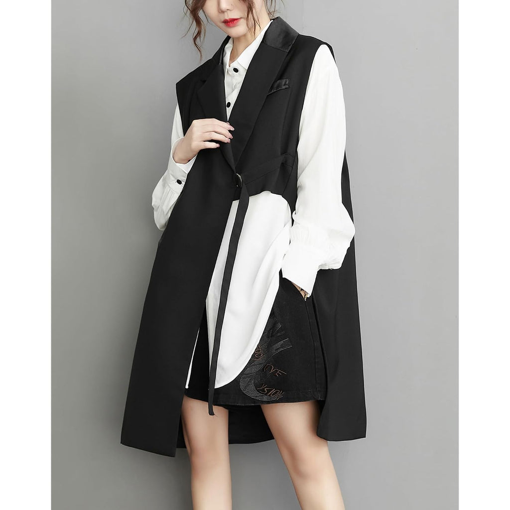 Ellazhu Women'S Funky Lapel Collar Cardigan Vest Solid Color Assymmetrical Sleeveless Outerwear Gz121 A