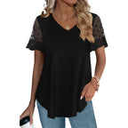 OFEEFAN Casual V Neck T Shirts for Women Lace Short Sleeve Curved Hem Tops Loose Fit