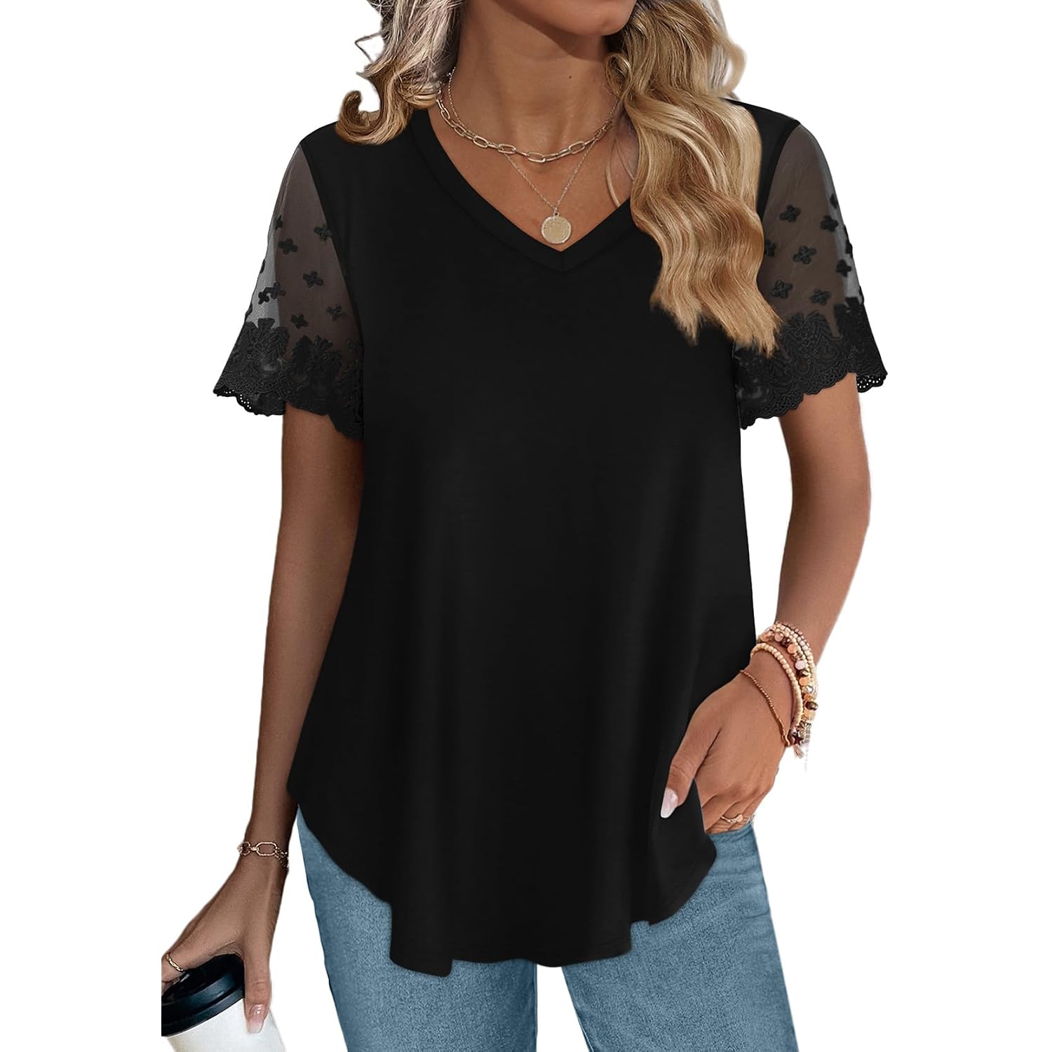 OFEEFAN Casual V Neck T Shirts for Women Lace Short Sleeve Curved Hem Tops Loose Fit