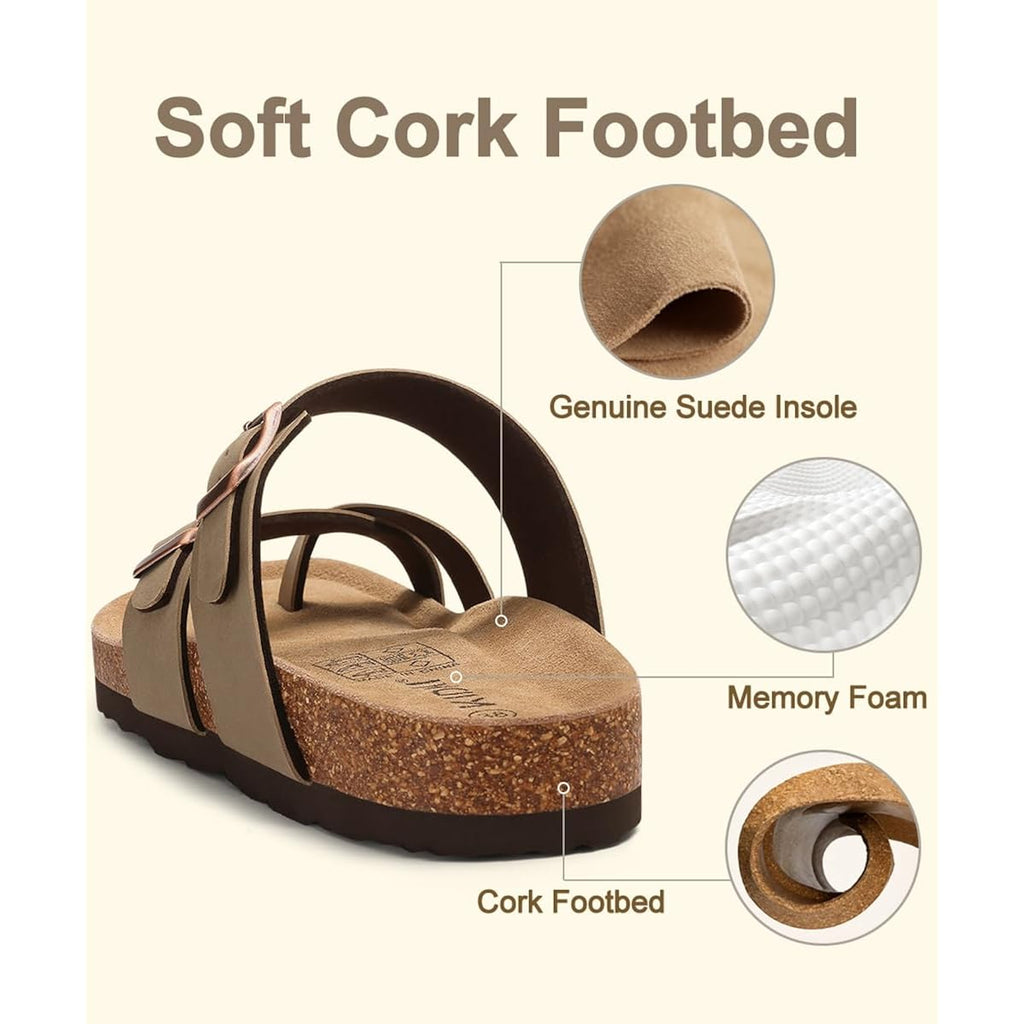 Kidmi Women'S Cork Footbed Sandals With Toe Loop, Comfortable Summer Slip-On Slides With Adjustable Buckle