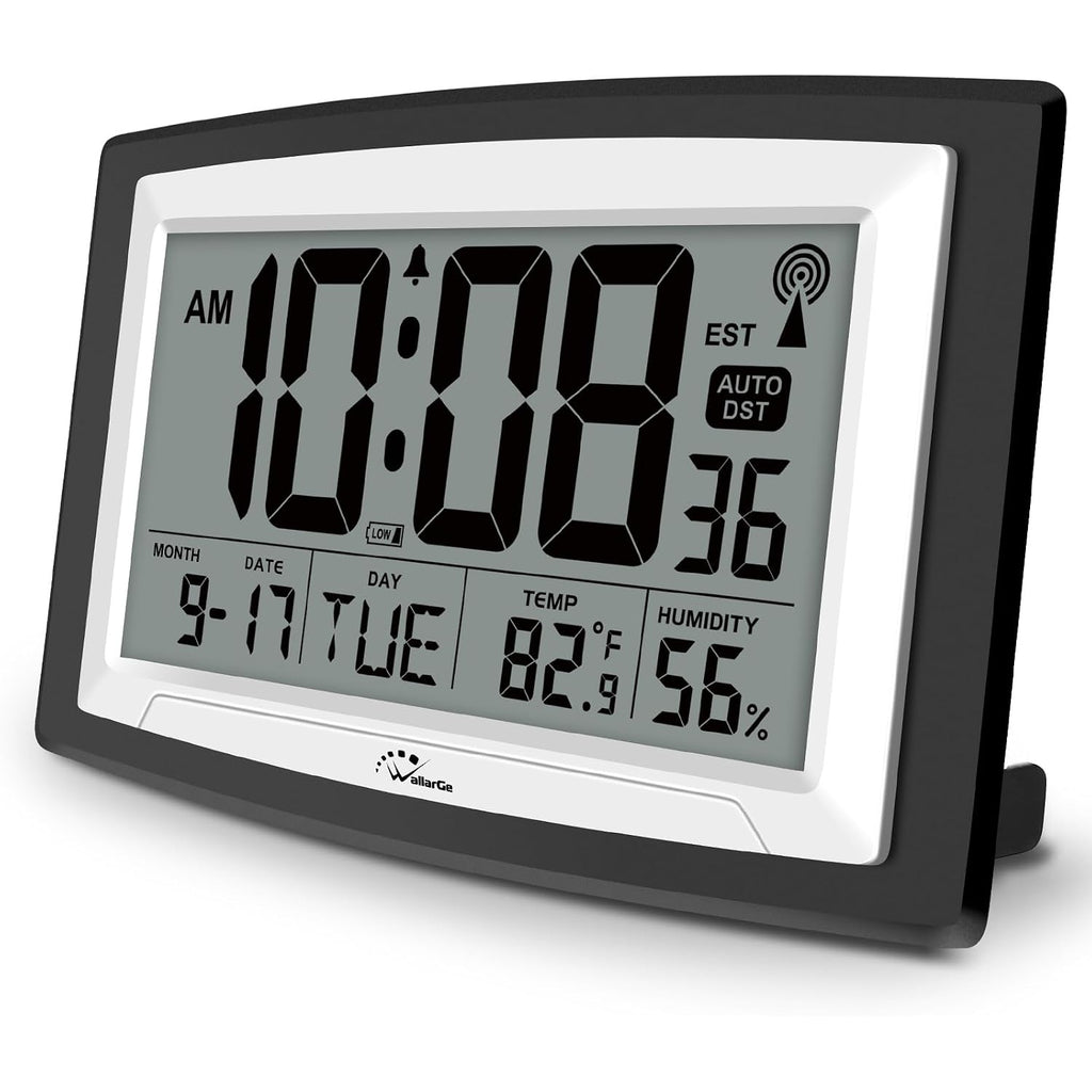 Atomic Clock With Indoor Temperature And Humidity, 12.5 Inch Self-Setting Digital Wall Clock Or Desk Clock, Battery Operated Digital Clock Large Display For Seniors, Auto Dst