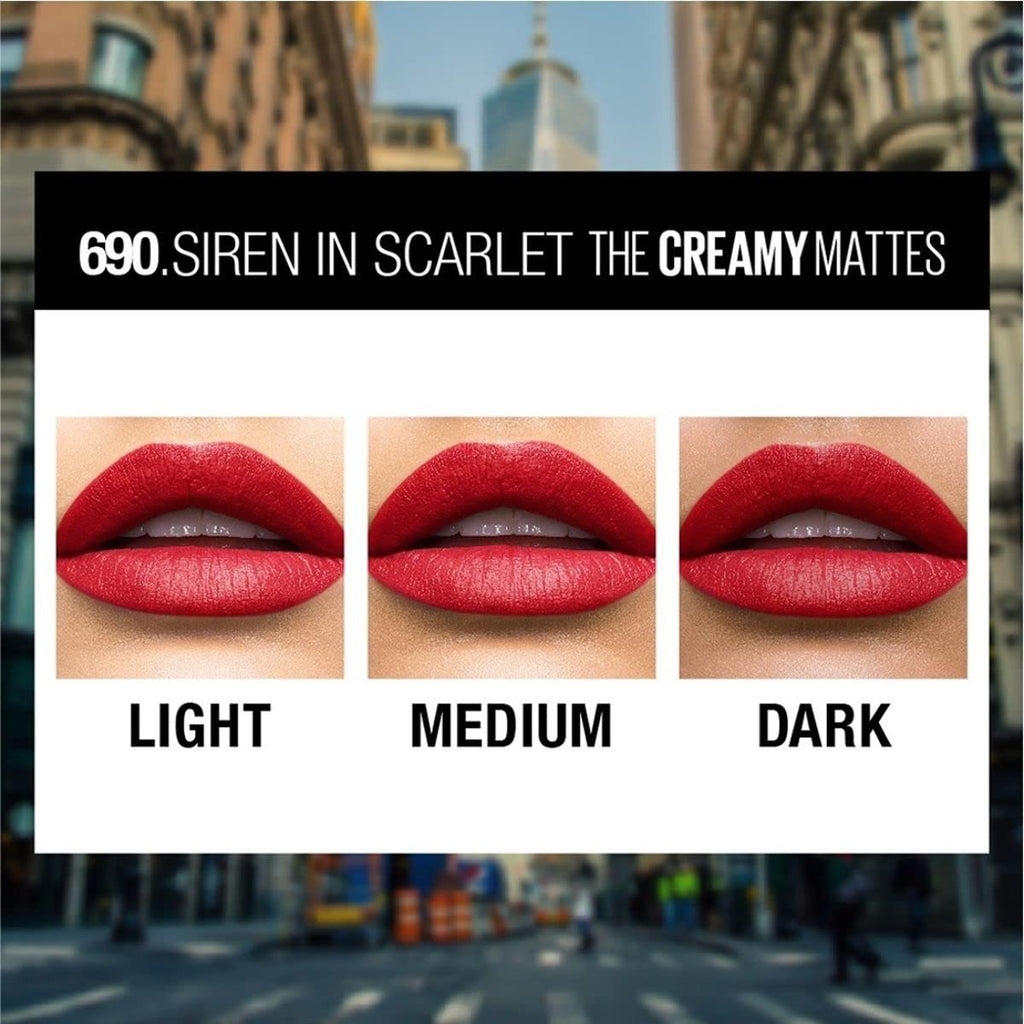Maybelline Color Sensational Lipstick, Lip Makeup, Matte Finish, Hydrating Lipstick, Nude, Pink, Red, Plum Lip Color, Siren In Scarlet, 0.15 oz; (Packaging May Vary)