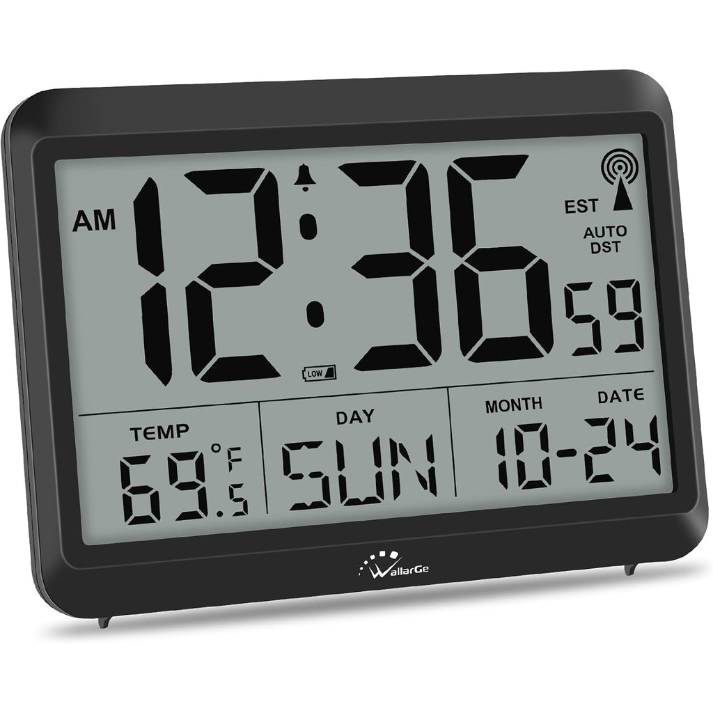 Atomic Digital Wall Clock Battery Operated, Self-Setting, Large Display With Temperature, Date, Day Of The Week, Silent Wall Mount Digital Clock, 4 Time Zones, Dst