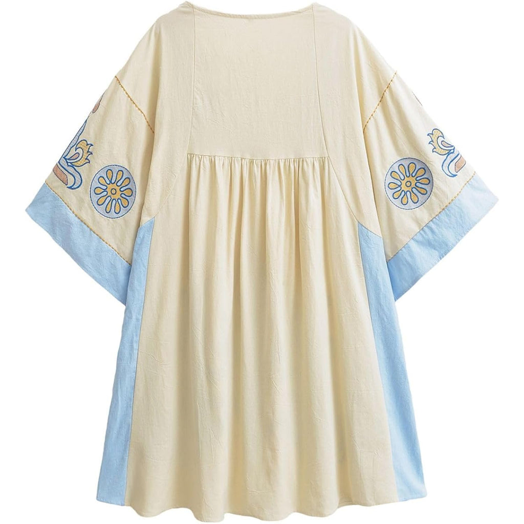 Joiemont Womens Oversized Embroidered Dress With V-Neck And 3/4 Sleeves Vintage Embroidery Babydoll Dress
