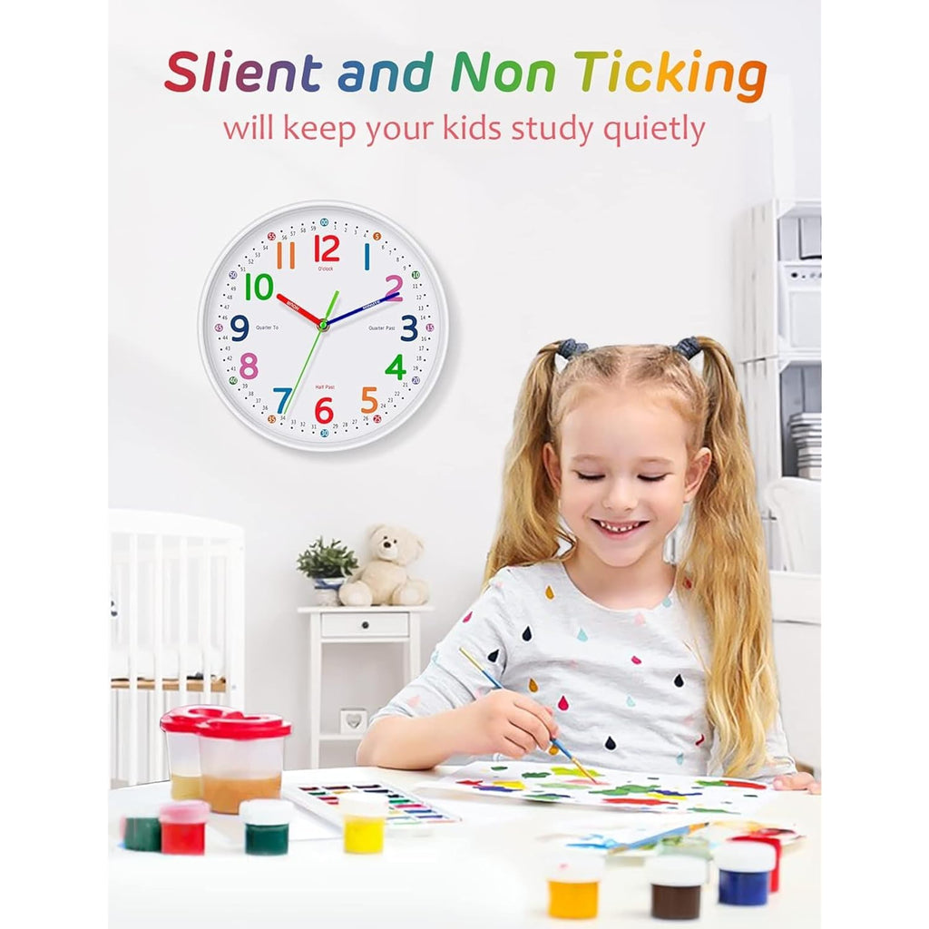 Silent Kids Wall Clock – Non-Ticking, Battery-Powered, Ideal For Teaching Time And Stylish Décor In Any Room - 8 Inch