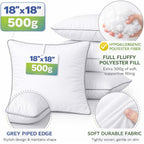 18x18 Throw Pillow Inserts Set of 4, 500g Extra Filled Decorative Pillow Inserts with Grey Piped Edge, Soft Fluffy Supportive Couch Sofa Bed Pillow Forms, Hypoallergenic Polyester Fiber, White