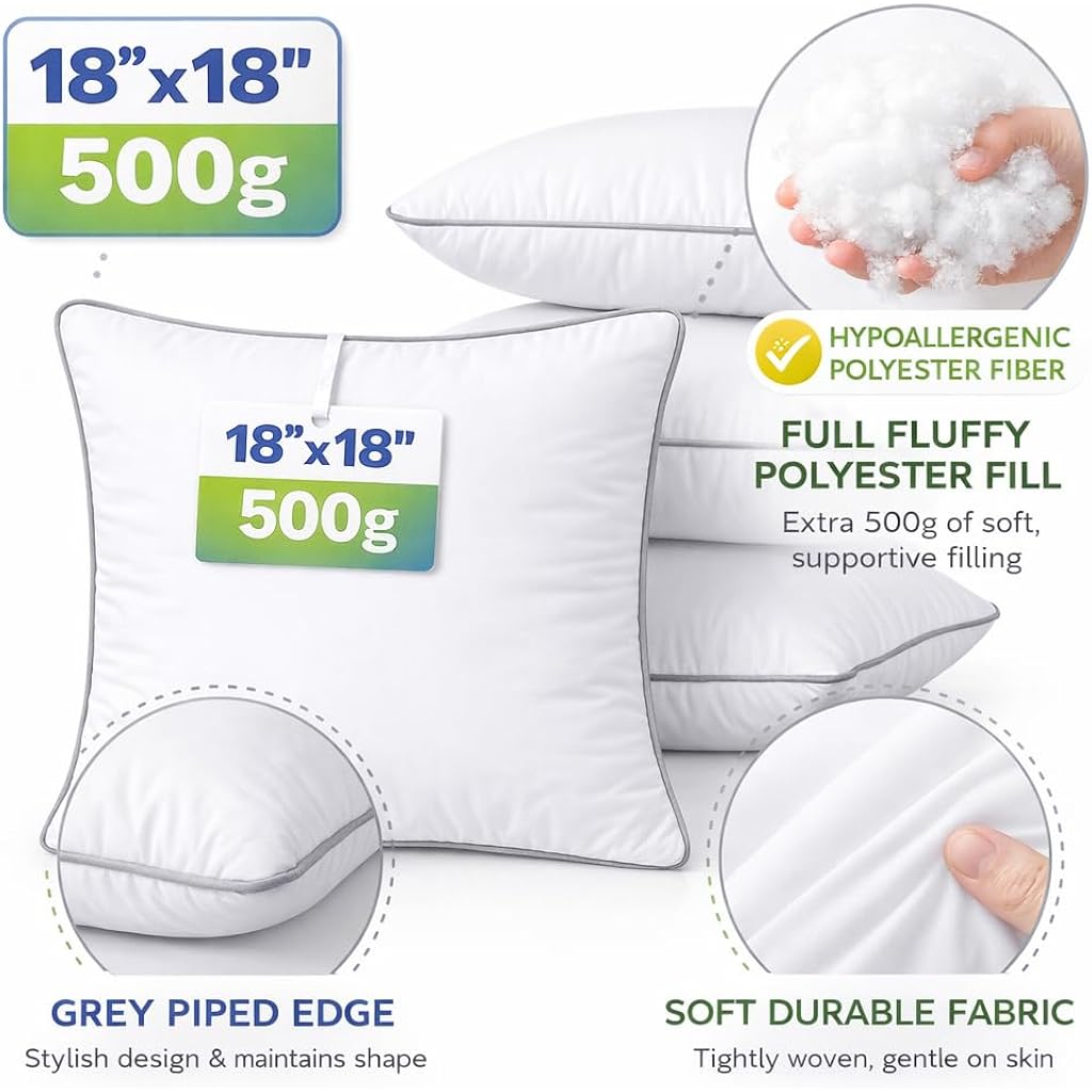 18x18 Throw Pillow Inserts Set of 4, 500g Extra Filled Decorative Pillow Inserts with Grey Piped Edge, Soft Fluffy Supportive Couch Sofa Bed Pillow Forms, Hypoallergenic Polyester Fiber, White