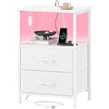 Somdot White Nightstand With Charging Station And Led Light For Bedroom, 2 Drawers Dresser With Fabric Bins For Bedside Kids Dorm Room Closet Laundry Entryway, White Leather