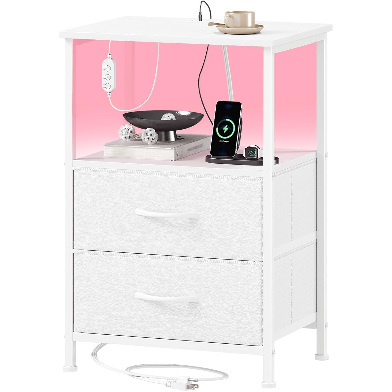 Somdot White Nightstand With Charging Station And Led Light For Bedroom, 2 Drawers Dresser With Fabric Bins For Bedside Kids Dorm Room Closet Laundry Entryway, White Leather