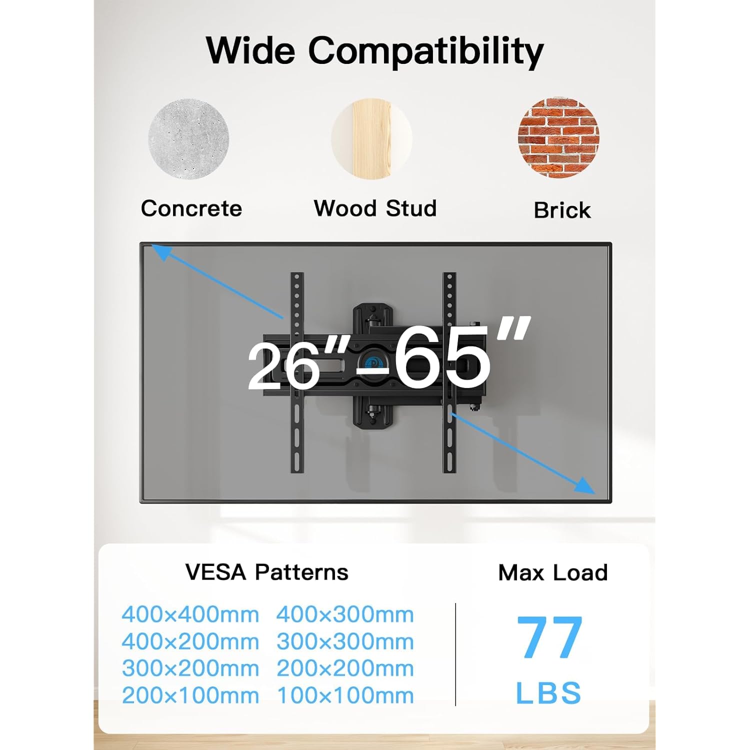 Pipishell Full Motion TV Wall Mount for Most 26-65 inch Flat & Curved TVs up to 77 lbs, Adjustable Bracket Height, Corner TV Mount with Single Articulating Arm, Max VESA 400x400mm, PIMF9