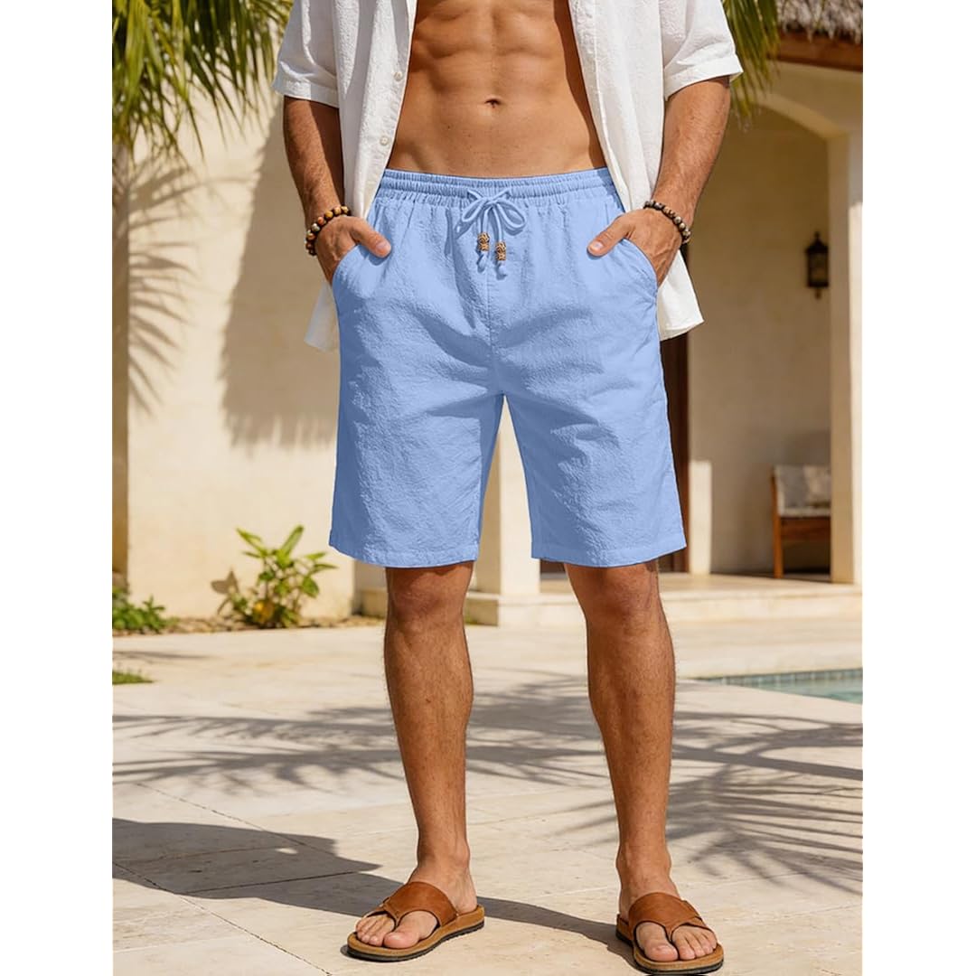 Men'S Cotton Linen Shorts Casual Elastic Waist Drawstring Summer Beach Vacation Shorts With Pockets