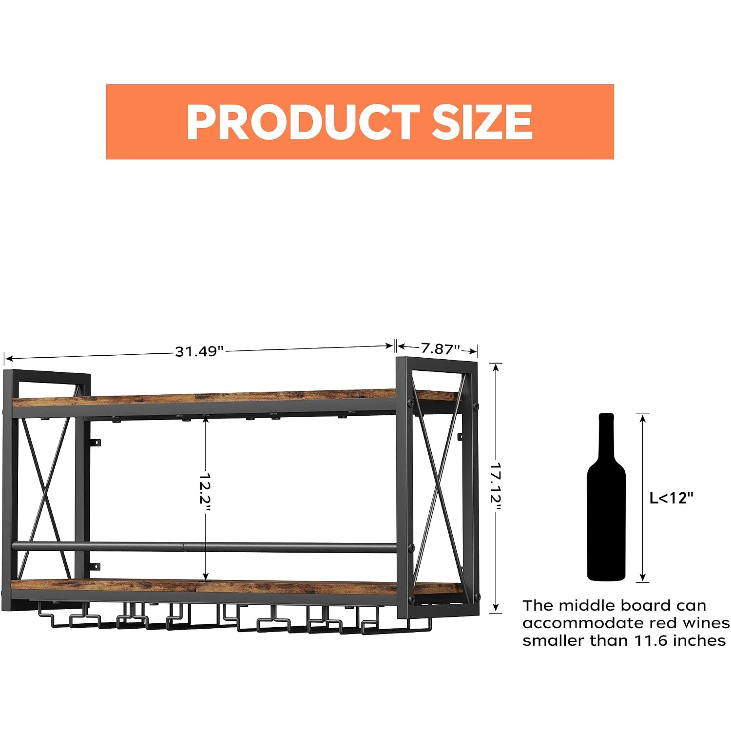 Homeiju Wall Mounted Wine Rack, Bottle & Glass Holder Wood-Metal Retro Wine Rack, Wine Bottles Display Wall Storage For Kitchen Dining Room Home Bar