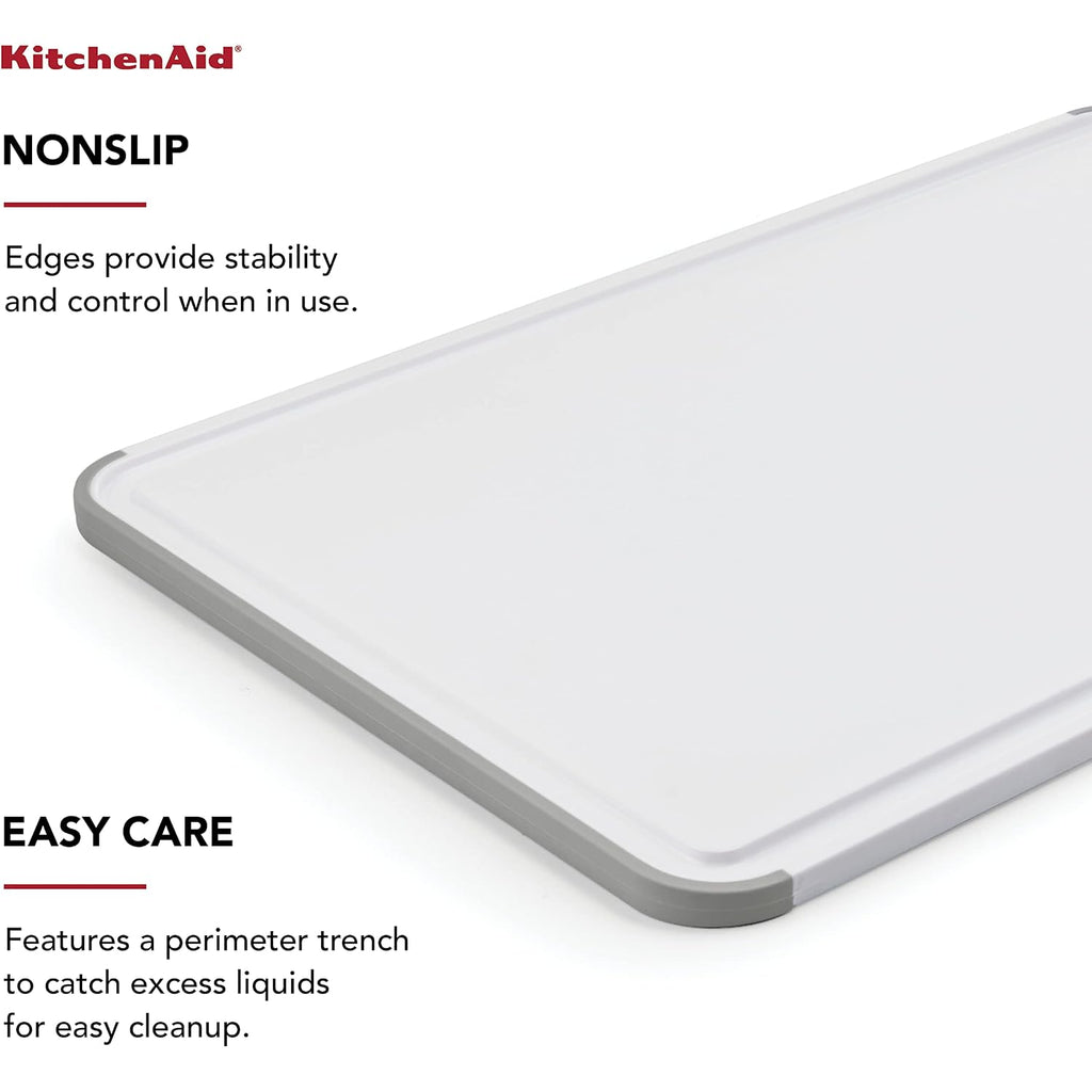 Kitchenaid Classic Plastic Cutting Board With Perimeter Trench And Non Slip Edges, Dishwasher Safe, 12 Inch X 18 Inch, White And Gray