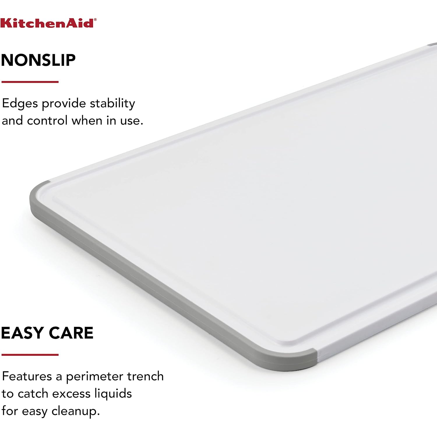 Kitchenaid Classic Plastic Cutting Board With Perimeter Trench And Non Slip Edges, Dishwasher Safe, 12 Inch X 18 Inch, White And Gray