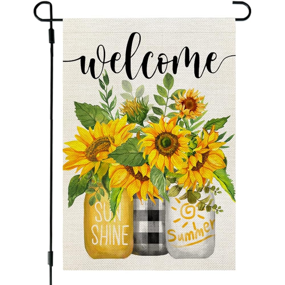 Summer Sunflower Garden Flag Mason Jar Double Sided 12X18 Inches Small Burlap Seasonal Welcome Yard Porch Decoration For Outside