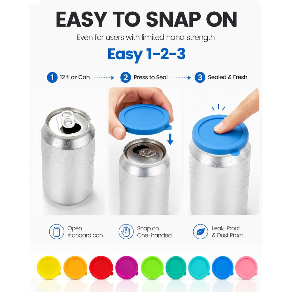 Mimore Soda Can Lids, 9 Pack Silicone Can Covers For Soda Standard Cans | Keeps Carbonation Fresh, Pressure Vent Design, Airtight Fit, Easy Snap On/Off, Food-Grade Silicone, Dishwasher Safe
