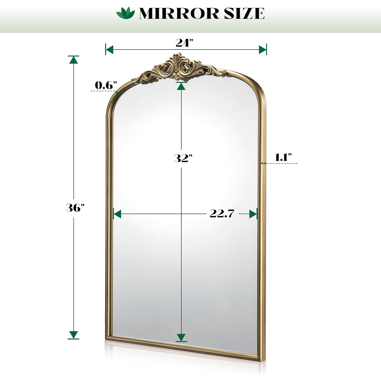 Vintage Gold Mirror, 24"X36" Antique Gold Bathroom Arched Wall Mirrors, Ornate Arch Brass Baroque Mirror Over Sink, Bedroom, Fireplace, Entryway, Living Room, Hanging Or Leaning