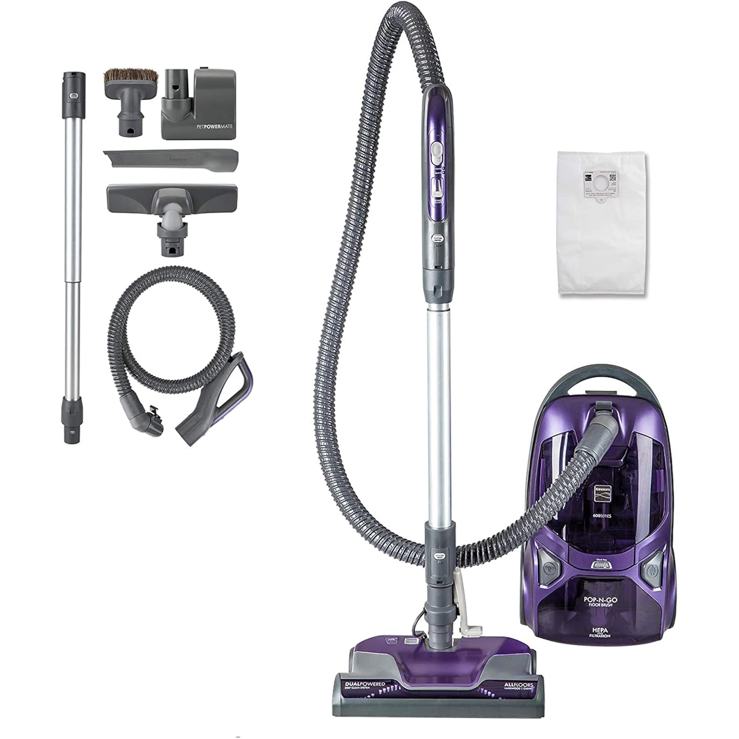 Kenmore 600 Series Pet Friendly Lightweight Bagged Canister Vacuum With Pet Powermate, Pop-N-Go Brush, 2 Motors, Hepa Filter, Aluminum Telescoping Wand, Retractable Cord And 4 Cleaning Tools, Purple