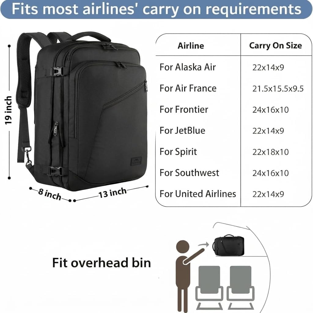 Matein Carry On Backpack, Extra Large Expandable Travel Backpack For Men | Airplane Approved, Weekender Bag For Women, Mochila De Viaje, Water Resistant, Lightweight Daypack For Flight, 40L, Black