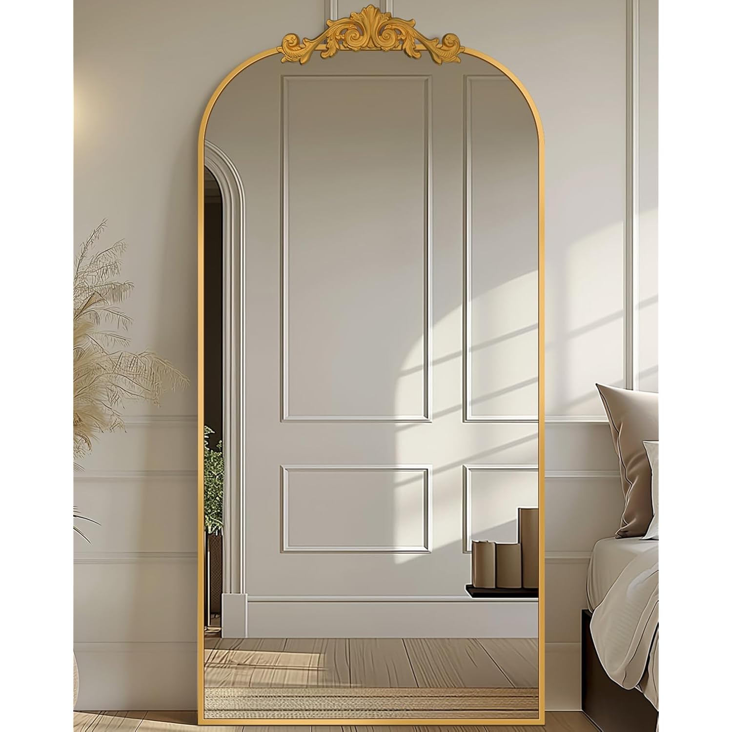 Antok Arched Full Length Mirror, 71"X28" Floor Mirror With Carved, Full Body Mirrors For Homedecor, Standing/Halling Large Wall Mirror For Bedroom, Living Room, Cloakroom, Gold, Retro Style
