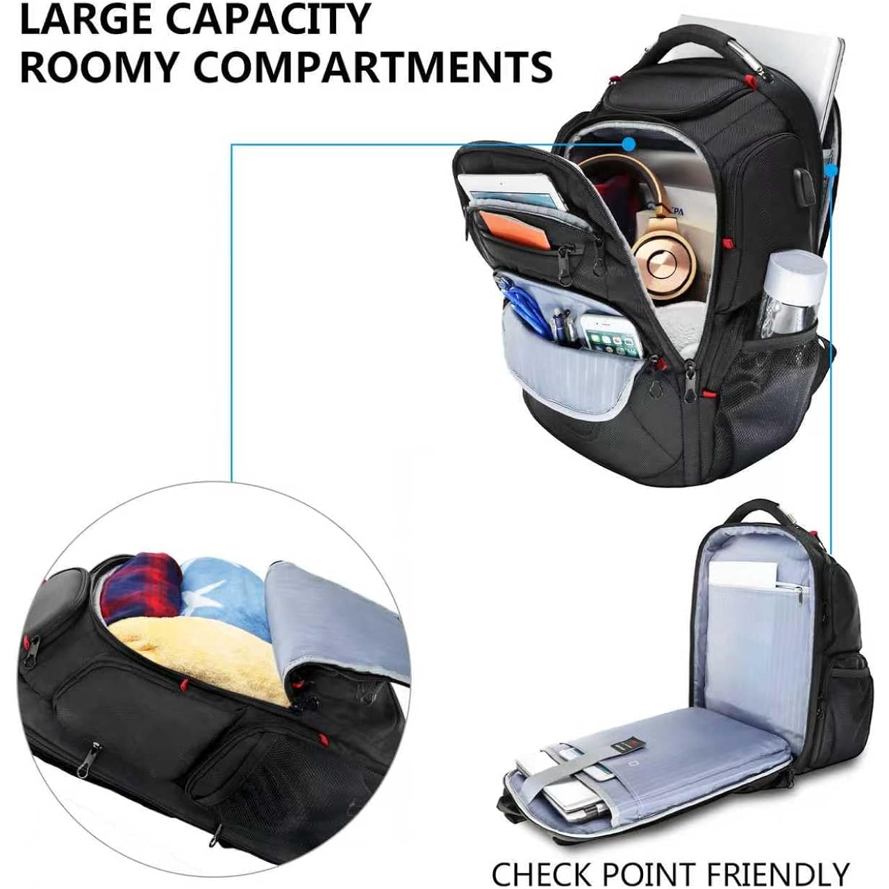 Kroser Tsa Friendly Travel Laptop Backpack 17.3 Inch Xl Computer Backpack Water-Repellent College Daypack Business Backpack With Rfid Pockets & Usb Port For Men/Women-Black