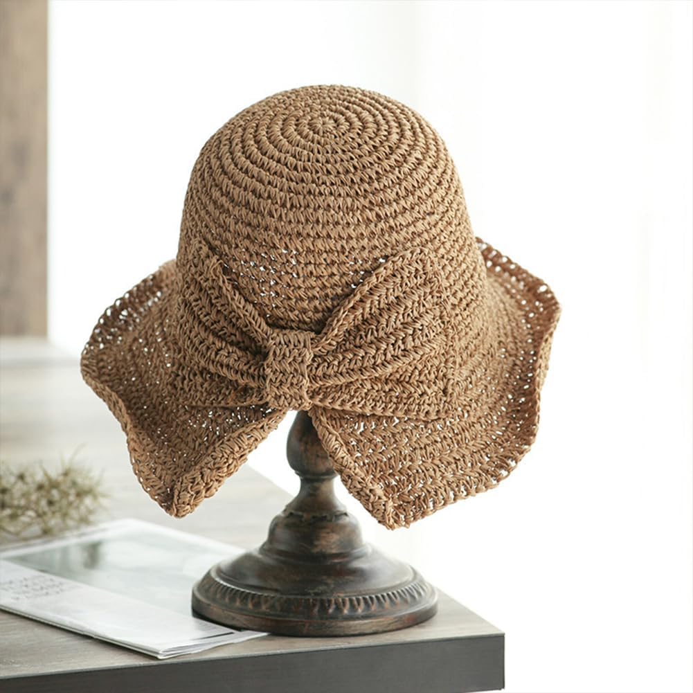 Foldable Wide Brim Floppy Straw Beach Sun Hat,Summer Bucket Cap with Bowknot for Women Girls Khaki