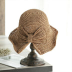 Foldable Wide Brim Floppy Straw Beach Sun Hat,Summer Bucket Cap with Bowknot for Women Girls Khaki