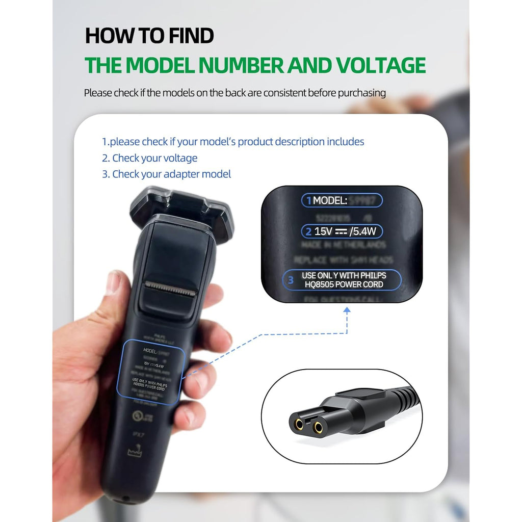 15V Charger Cord Fit for Philips Norelco HQ8505 Select Series 3000 5000 6000 7000 9000 (Older Shaver), Multigroom MG5750 MG7750 MG7770 MG7790, BG7040 BG7030 BG5025 S9987 Electric Shaver Razor Trimmer