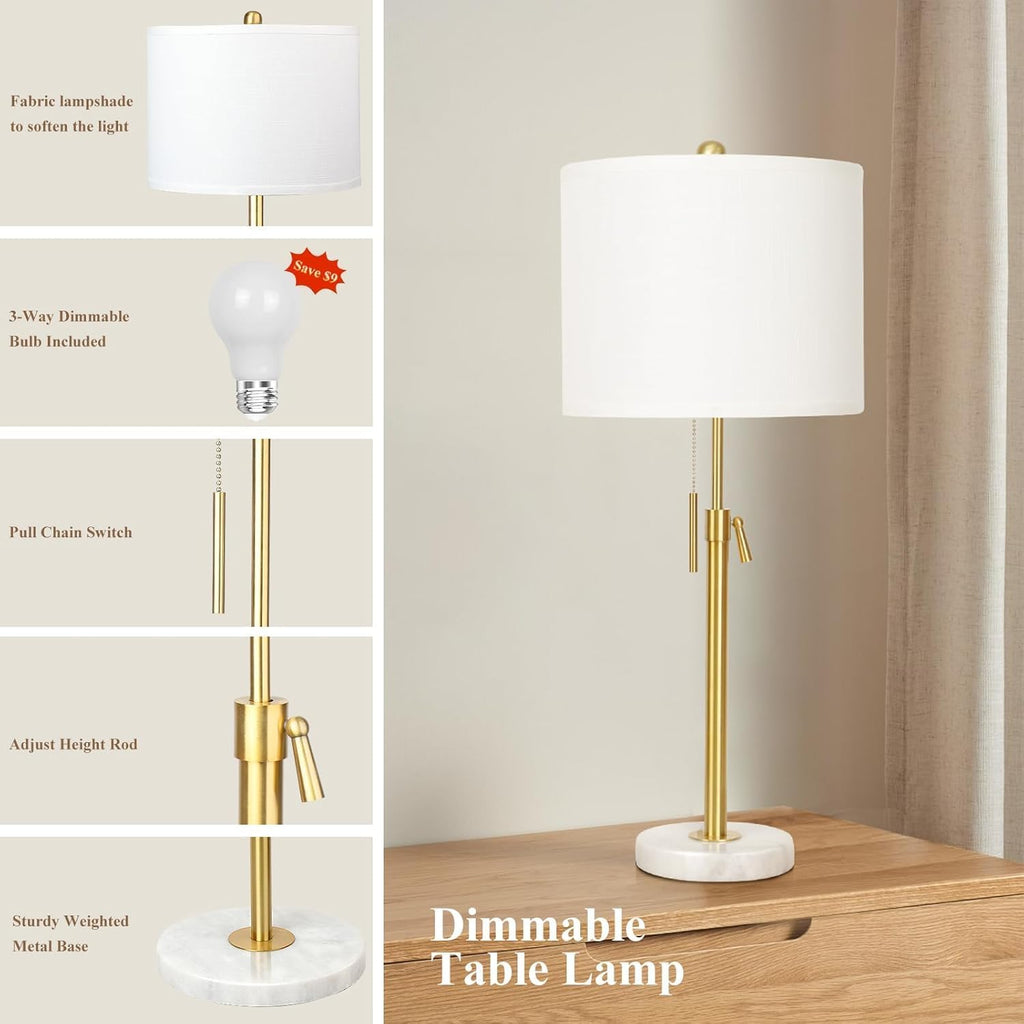 Gold Table Lamps Set Of 2, 22" To 30" Adjustable Nightstand Lamps For Bedroom, Dimmable End Table Lamps For Living Room Console Entry Farmhouse Home Decor, New House Warming Gifts