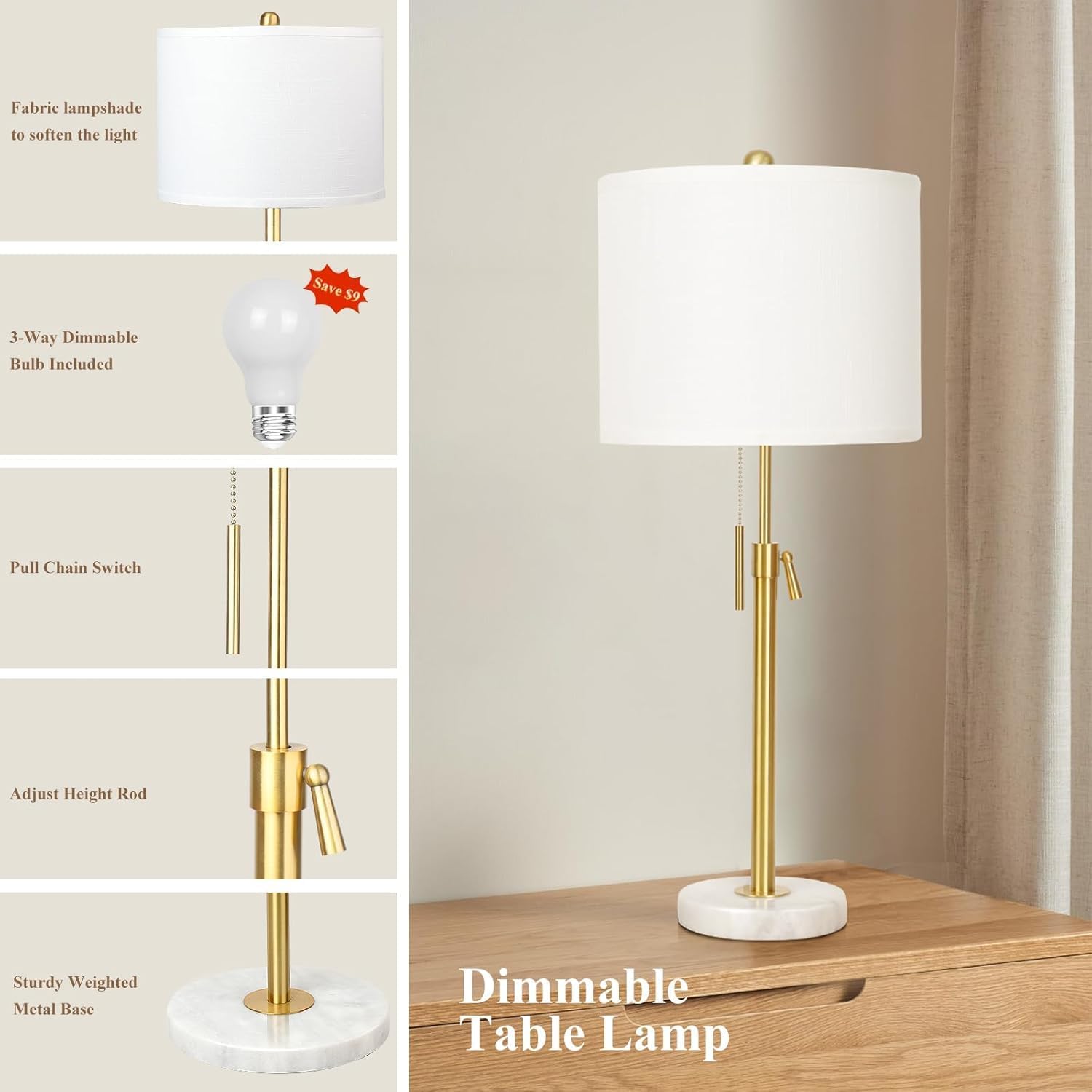 Gold Table Lamps Set Of 2, 22" To 30" Adjustable Nightstand Lamps For Bedroom, Dimmable End Table Lamps For Living Room Console Entry Farmhouse Home Decor, New House Warming Gifts